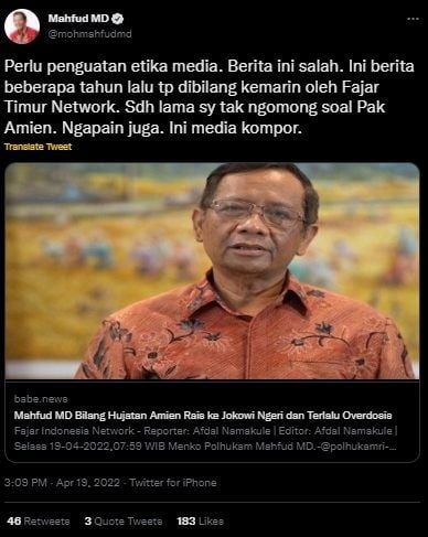 CEK FAKTA Benarkah Mahfud MD Sebut Hujatan Amien Rais ke Jokowi Ngeri dan Terlalu Overdosis? (Twitter/@mahfudMD)