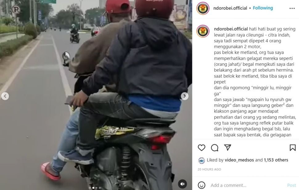 Rombongan Pria Diduga Begal Pepet Pemotor di Siang Bolong (instagram/@ndorobei.official)