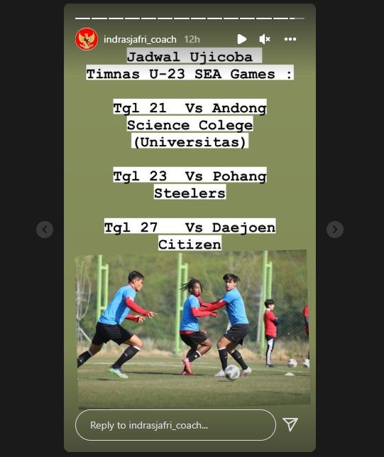 Jadwal laga uji coba timnas Indonesia U-23 di TC Korea Selatan. (Instagram/indrasjafri_coach)