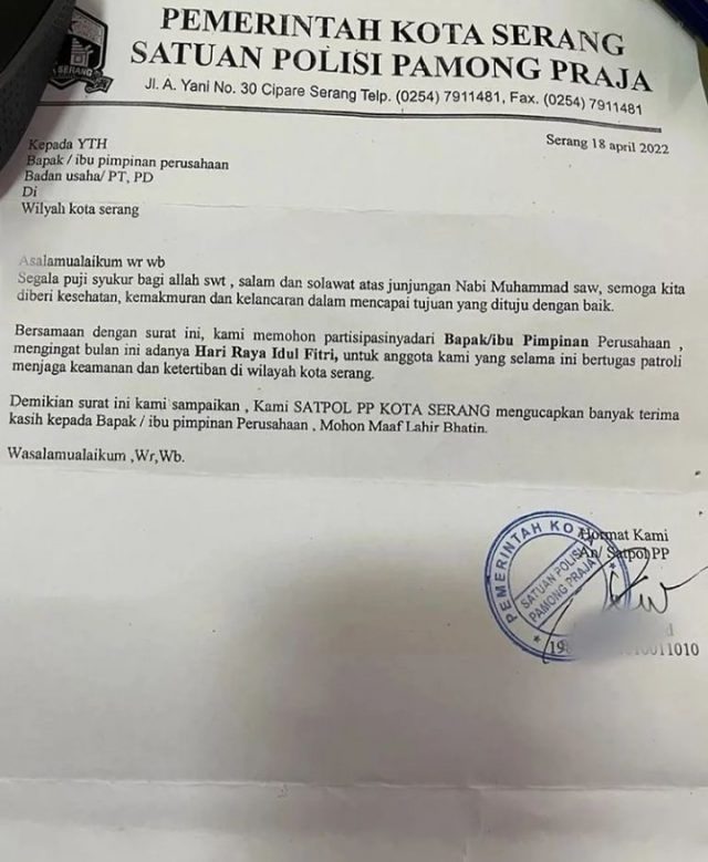 Surat Satpol PP Kota Serang yang diduga untuk meminta THR ke swasta. (IST)