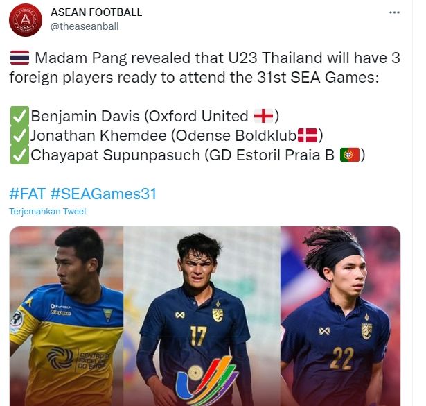 Timnas Thailand U-23 akan diperkuat tiga pemain dari Eropa. (Twitter/@theaseanball)