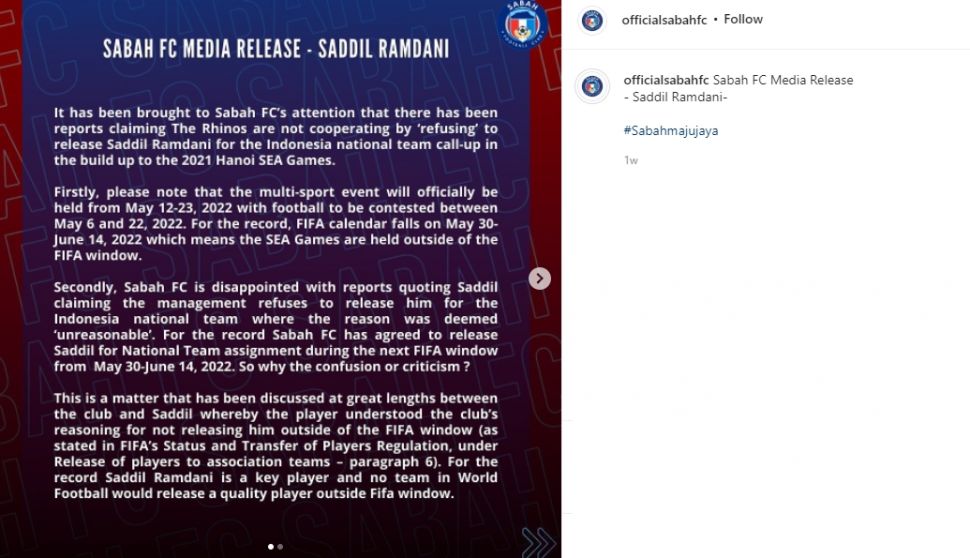 Pernyataan Sabah FC yang tak melepas Saddil Ramdani. (Instagram/officialsabahfc)