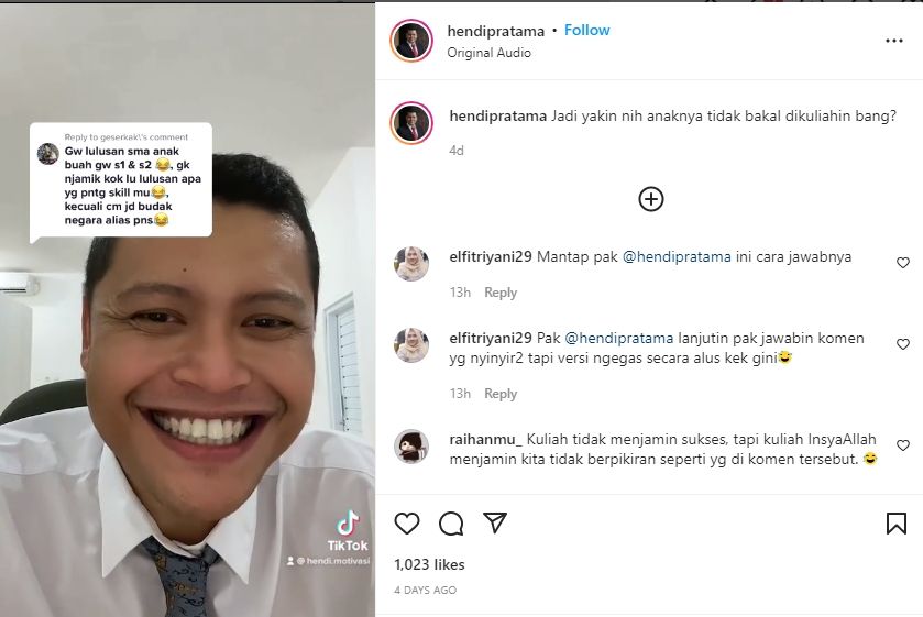 Sebut Lulusan Sarjana Tak Menjamin Kesuksesan, Dosen Beri Jawaban Menohok. (Instagram/hendipratama)