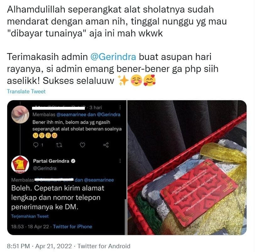 Viral Warganet Dapat Seperangkat Alat Salat dari Partai Gerindra, Hampers Lebaran? [Twitter]