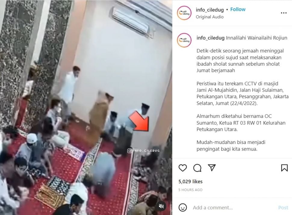 Viral CCTV Jemaah Masjid Meninggal Dunia saat Salat Jumat (instagram/@info_ciledug)