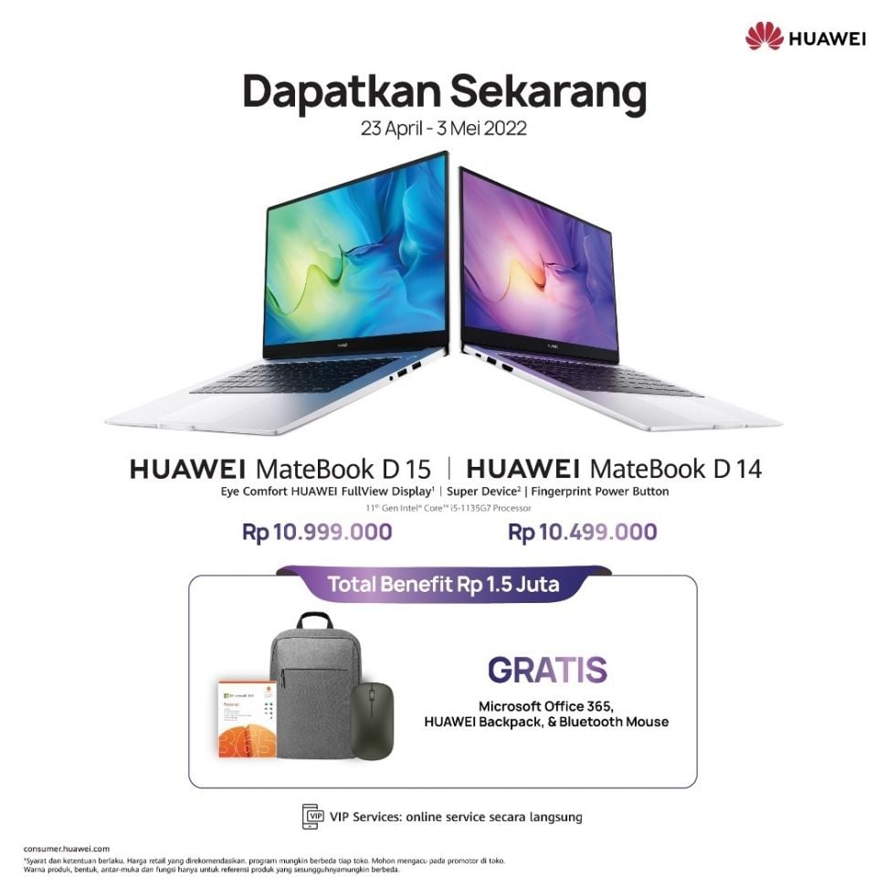 Huawei MateBook D14 dan D15 yang tersedia di Indonesia dengan penawaran khusus [Huawei].