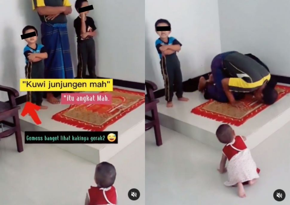 Seorang Bocah sedang Salat Tak Fokus dan Ketar-ketir Si Adik Merangkak, Publik Langsung Hujat Ibunya. (Instagram/dunia_kaumhawa)