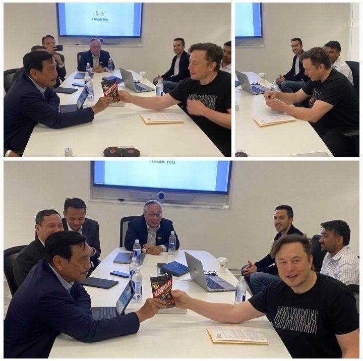 Elonk Musk menemui delegasi dari Indonesia yang diwakili Luhut Binsar Panjaitan, Anindya Bakrie dan lainnya.