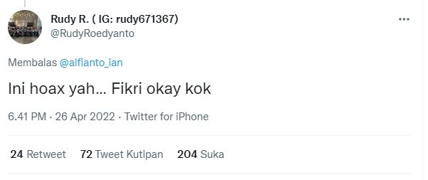 Bambang 'Rudy' Roedyanto klarifikasi keadaan Muhammad Shohibul Fikri. (Twitter @RudyRoedyanto)