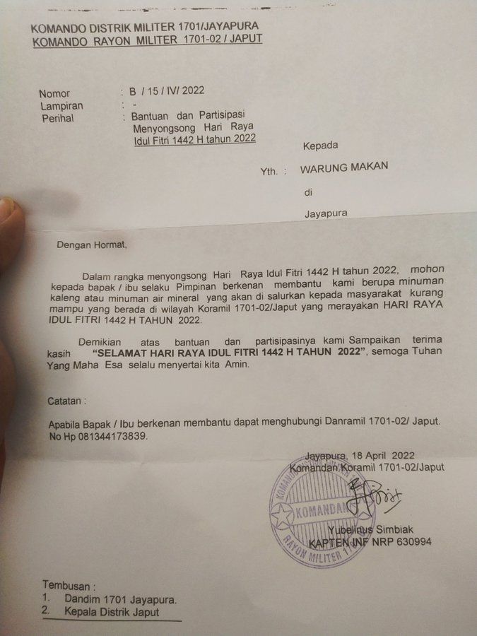 Beredar surat yang dibuat oleh Komando Rayon Militer 1701-02/Jayapura Utara berisikan permintaan minuman kepada pemilik warung makan untuk dibagikan kepada masyarakat kurang mampu. (ist)