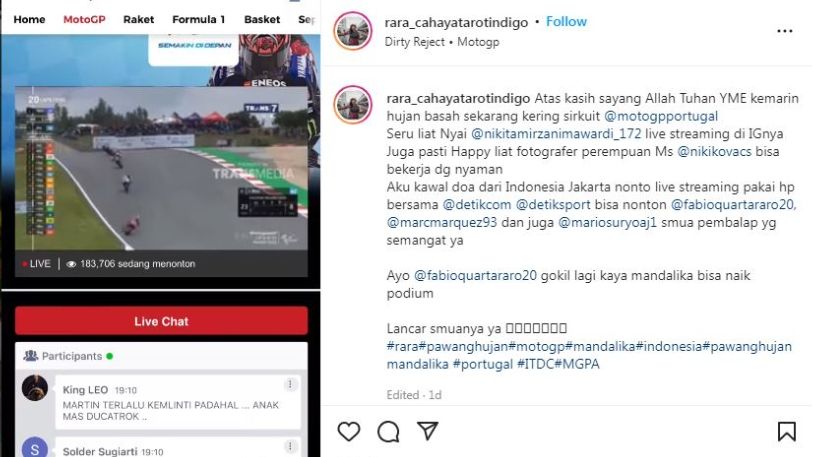 Rara Pawang Hujan Pantau MotoGP Portugal (Instagram/@rara_cahayatarotindigo)