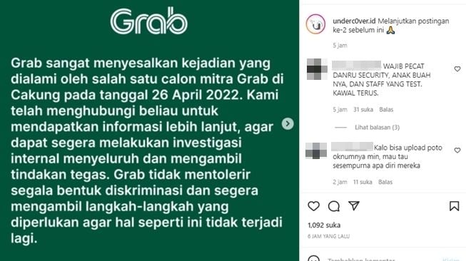 Viral calon mitra Grab tuli didiskriminasi satpam dan staf saat akan wawancara, tuai klarifikasi seperti ini. (Instagram/@underc0ver.id)