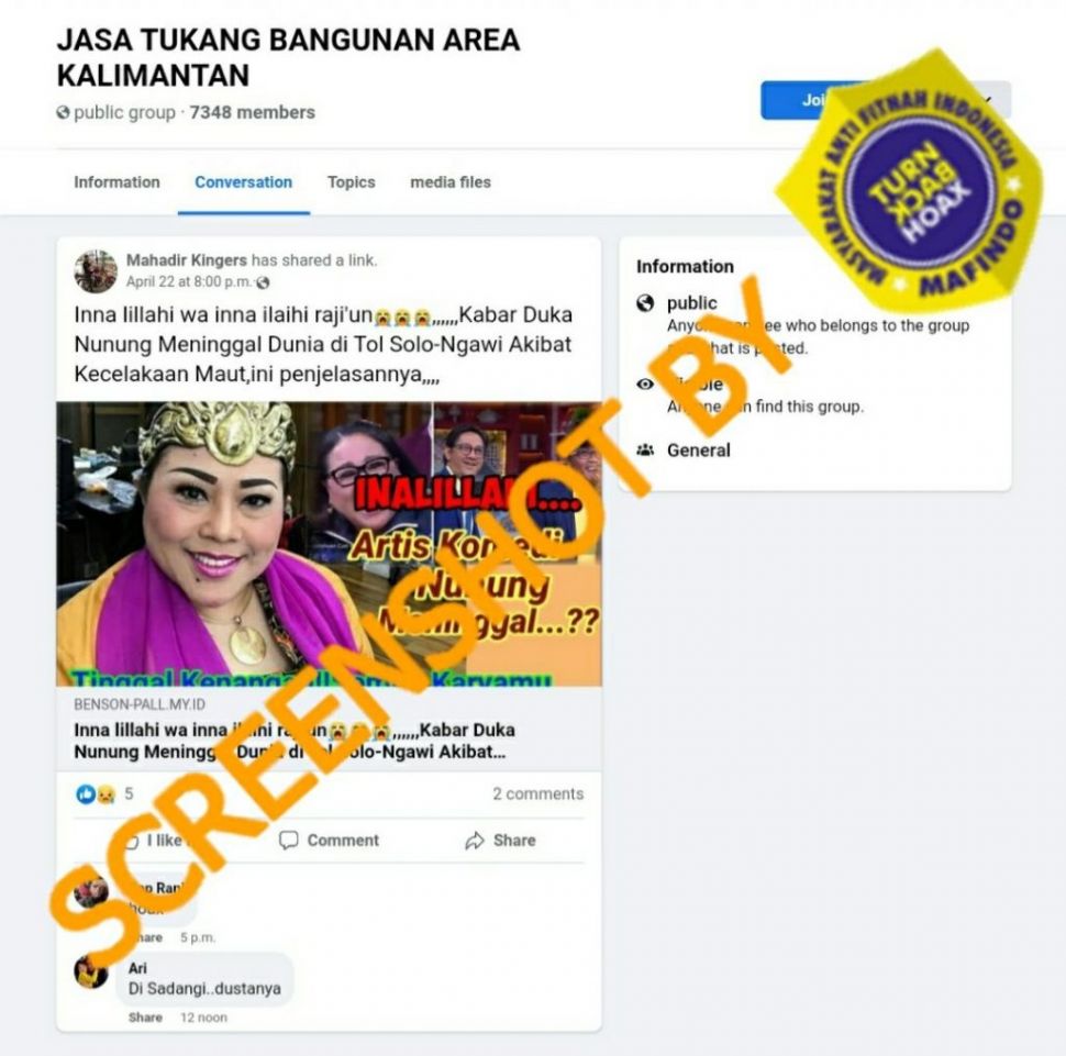 CEK FAKTA: Beredar Kabar Duka Nunung Meninggal Dunia Karena Kecelakaan Maut, Benarkah? (Turnbackhoax.id)