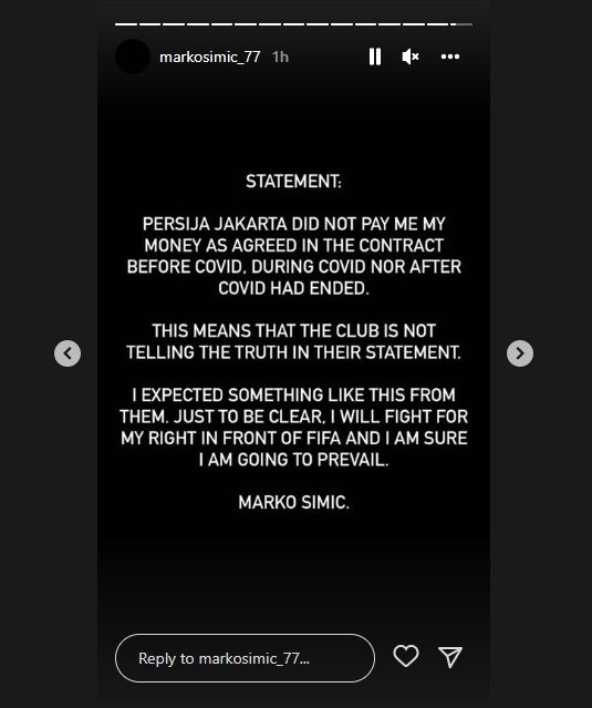 Pernyataan Marko Simic tanggapi statement Persija Jakarta. (Instagram/markosimic_77)