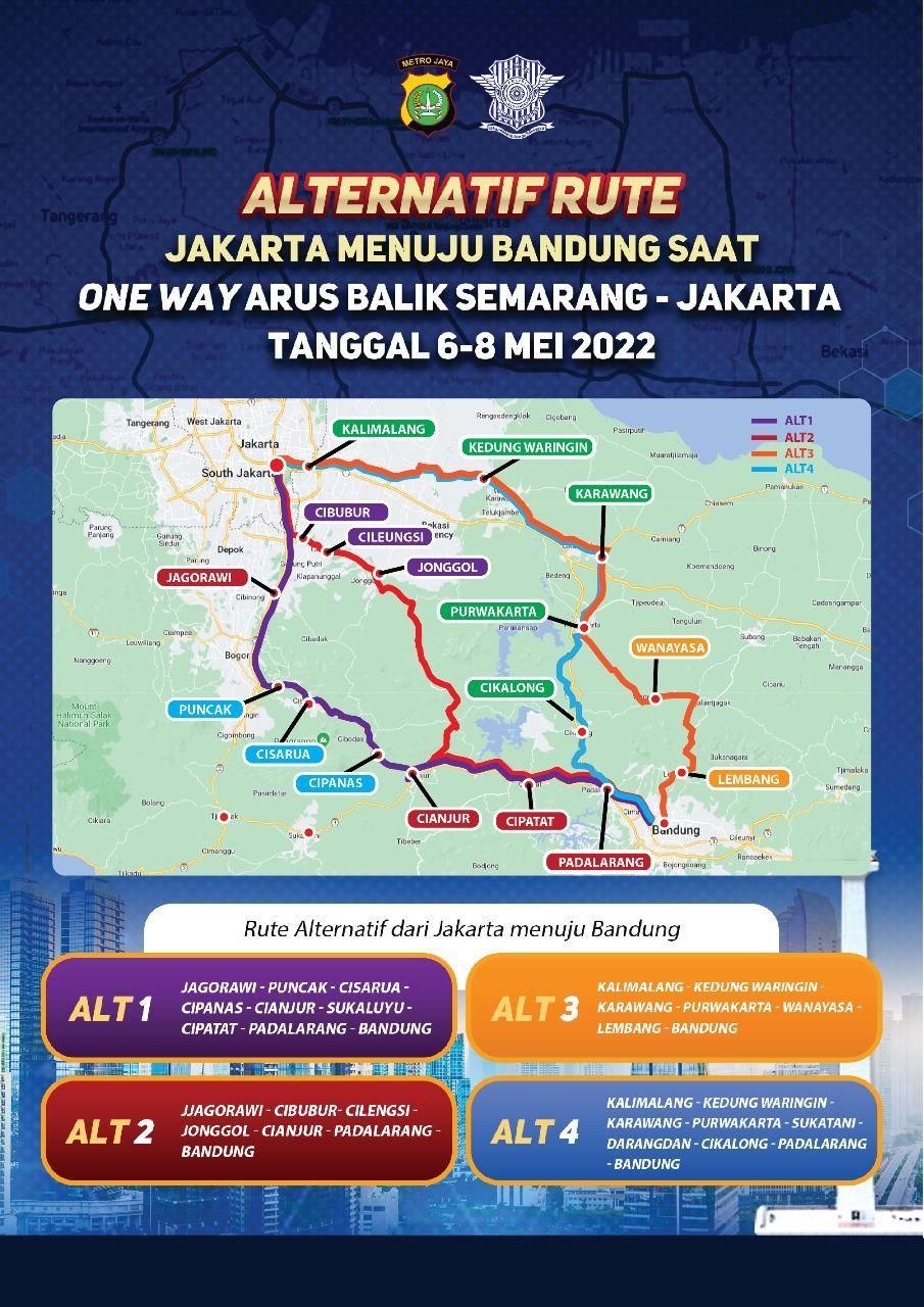 Rute alternatif Jakarta menuju Bandung saat oe way arus balik Lebaran 2022 Semarang - Jakarta (6-8 Mei) [Dok Polda Metro Jaya].