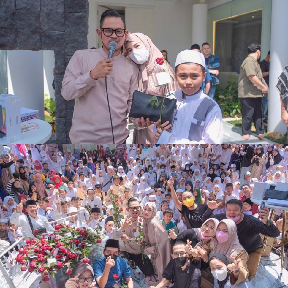 Gilang Widya Pramana alias Juragan 99 bersama Shandy Purnamasari saat berbagi kebahagiaan bersama seribu anak yatim. [Instagram]