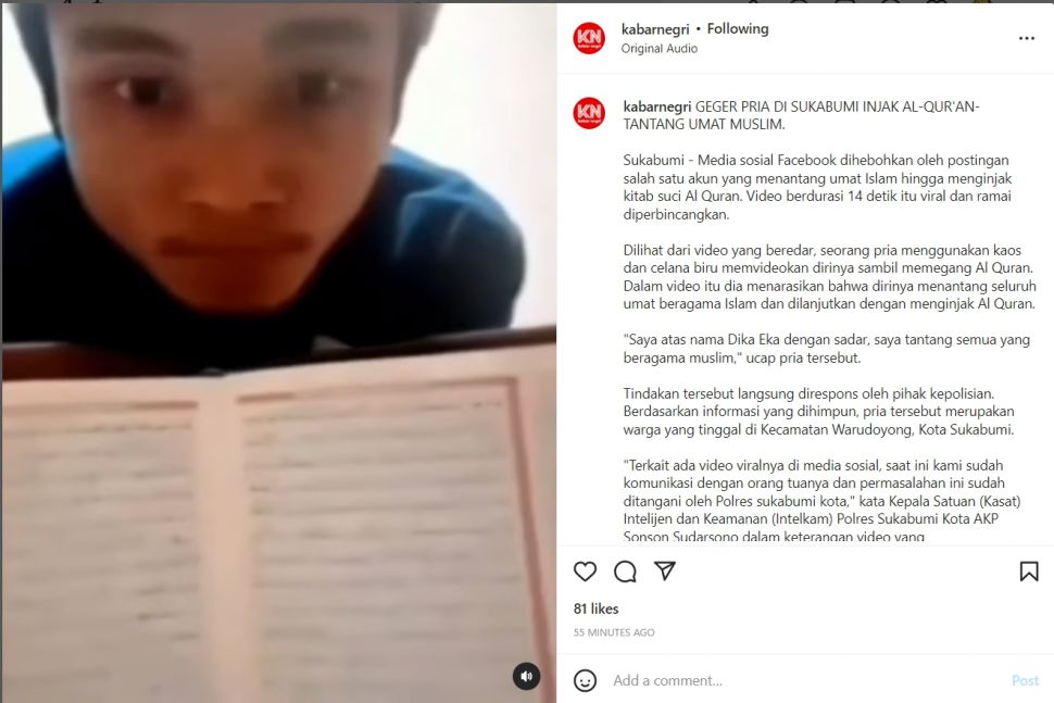 Publik digegerkan oleh video viral seorang pemuda menginjak-injak Alquran, kitab suci agama Islam. Video tersebut tersebar di media-media sosial, seperti Facebook maupun Instagram, Kamis (5/5/2022). [Instagram/@kabarnegri]