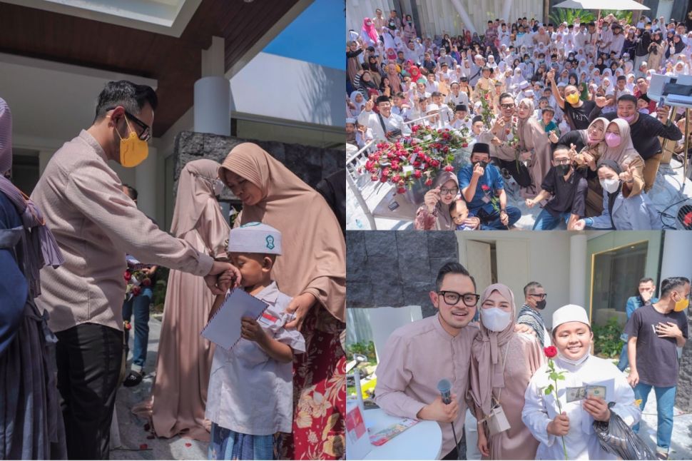 Gilang Widya Pramana alias Juragan 99 bersama Shandy Purnamasari saat berbagi kebahagiaan bersama seribu anak yatim. [Instagram]