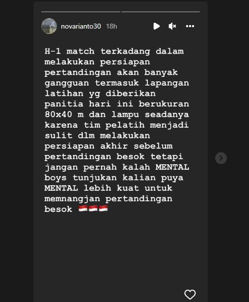 Nova Arianto memberikan wejangan berkelas untuk timnas Indonesia U-23 yang bak dirugikan oleh panitia SEA Games 2021. (Instagram/novarianto30)