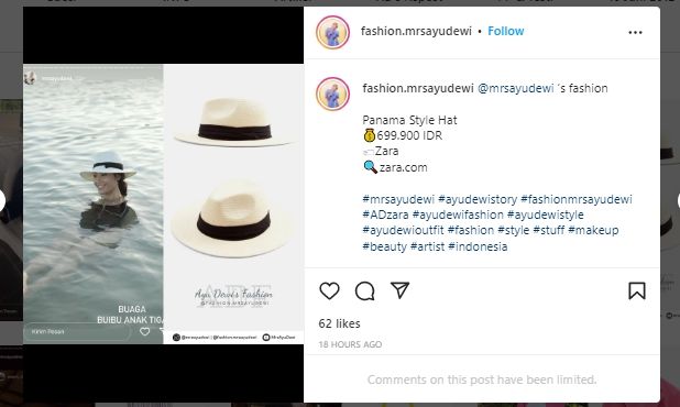 Koleksi topi Ayu Dewi (Instagram/@fashion.mrsayudewi)