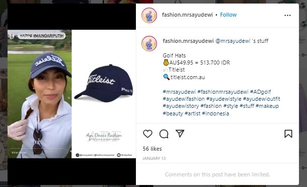 Koleksi topi Ayu Dewi (Instagram/@fashion.mrsayudewi)