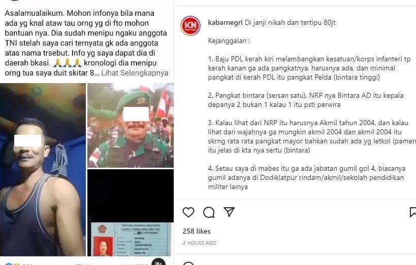 Laporan penipuan TNI gadungan (instagram.com/kabarnegri/)