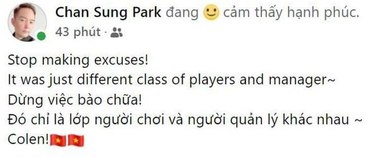 Park Chan Sung anak Pelatih Timnas Vietnam Park Hang seo tuliskan status yang ditujukan ke Shin Tae-yong. [Tangkapan layar]