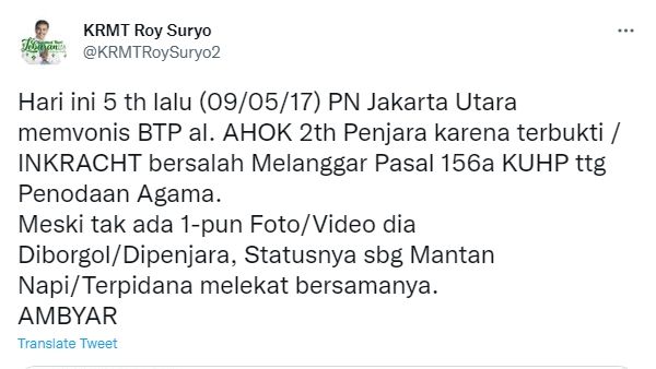 Cuitan Roy Suryo soal Ahok (Twitter/@KRMTRoySuryo2)