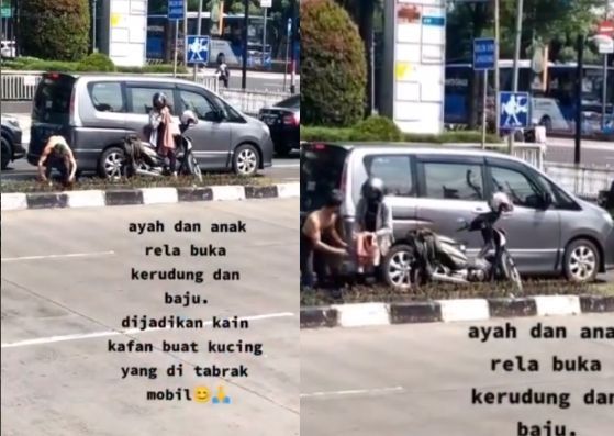 Haru, Ayah dan Anak ini Rela Copot Kerudung hingga Baju Demi Kucing yang Mati Tertabrak Mobil (Instagram/dunia_kaumhawa)