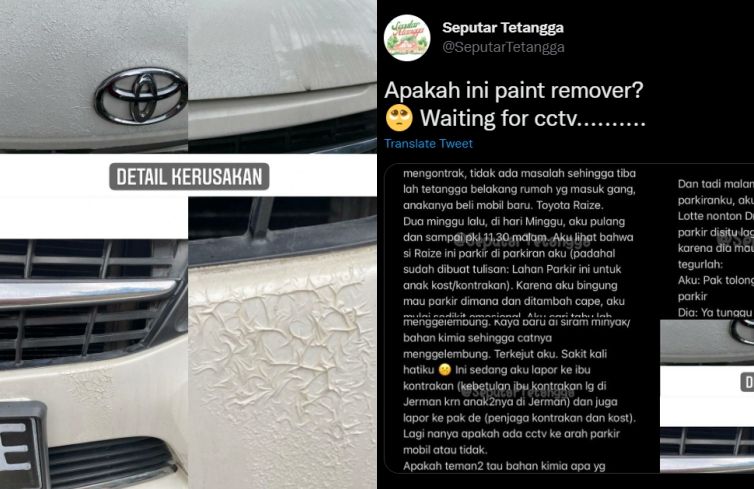 Mobil yang disiram paint remover setelah protes lahan parkirnya diserobot. (Twitter/SeputarTetangga)