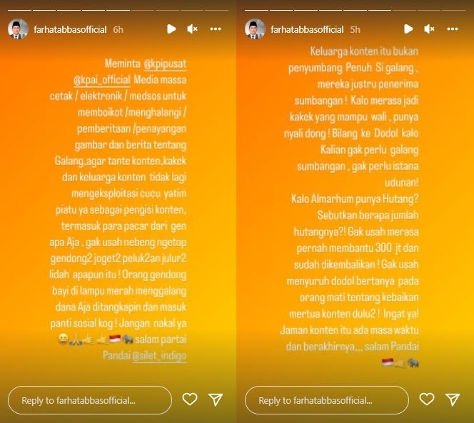 Farhat Abbas sindir keluarga Haji Faisal di Instagram Story.