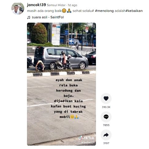 Viral bapak dan anak tolong kucing mati di pinggir jalan. (Dok. TikTok)