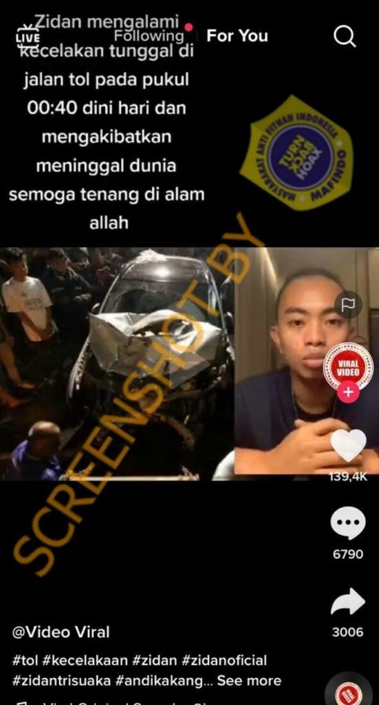 CEK FAKTA: Penyanyi Zinidin Zidan Dikabarkan Meninggal Dunia, Benarkah? (Turnbackhoax.id)