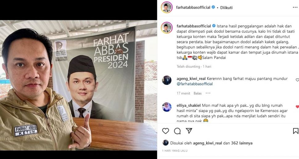 Farhat Abbas menulis di Instagram soal Doddy Sudrajat berhak atas rumah yang kini ditempati Gala Sky bersama keluarga Haji Faisal. [Instagram]