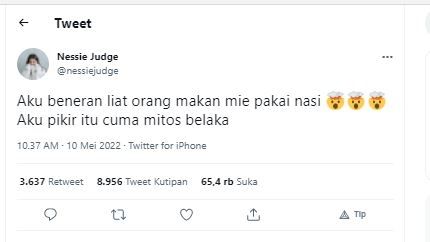 Nessie Judge kaget ada yang makan mi instan pakai nasi (Twitter @nessiejudge)