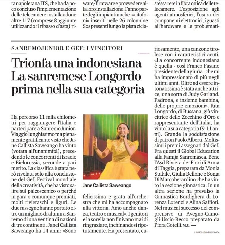 Kemenangan Jane Callista di ajang kompetisi nyanyi "SanremoJunior World Finals" di Italia sampai ditulis koran setempat, La Stampa. [dokumentasi pribadi]