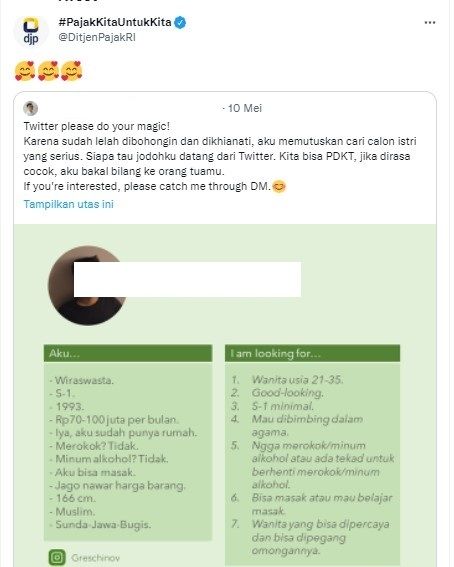 Pria cari jodoh di Twitter (Twitter/ditjenpajakRI)