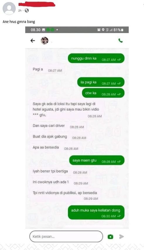 Driver ojol mendapat ajakan membuat video threesome oleh customer. [Instagram]