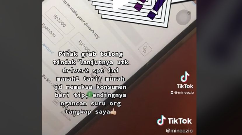 Seorang pengguna TikTok berakun @mineeziomengunggah video percakapan telepon antara dirinya dengan seorang driver ojol yang memaksanya memberikan uang tip. [TikTok]