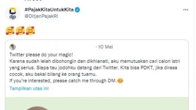 Ditjen Pajak merespons seorang warganet pencari jodoh yang memamerkan penghasilannya. (Twitter/@DitjenPajakRI)