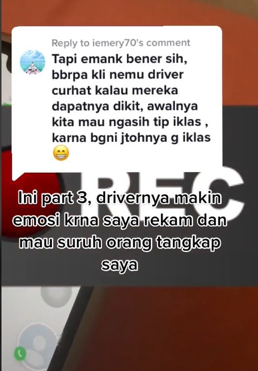 Seorang pengguna TikTok berakun @mineeziomengunggah video percakapan telepon antara dirinya dengan seorang driver ojol yang memaksanya memberikan uang tip. [TikTok]