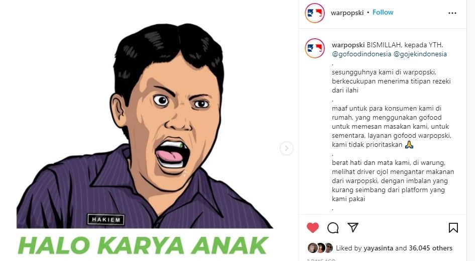 Unggahan warpopski soal GoFood (instagram.com/warpopski/)