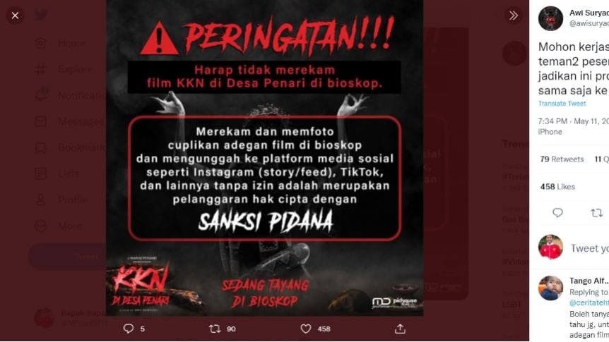 Unggahan sutradara KKN di Desa Penari (Twitter/@awisuryadi)