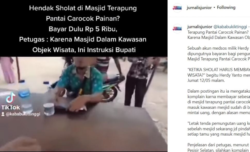 Herdy Anto mengunggah sejumlah video yang merekam aksi pemungutan biaya karcis Rp 5000 kalau orang-orang ingin masuk ke area Masjid Terapung Pantai Carocok Painan, Kabupaten Pesisir Selatan, Sumatera Barat. [Facebook]