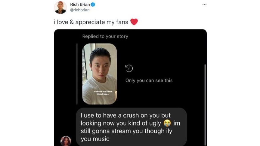 Reaksi Rich Brian Dibilang Jelek Oleh Fans (Twitter/@richbrian)