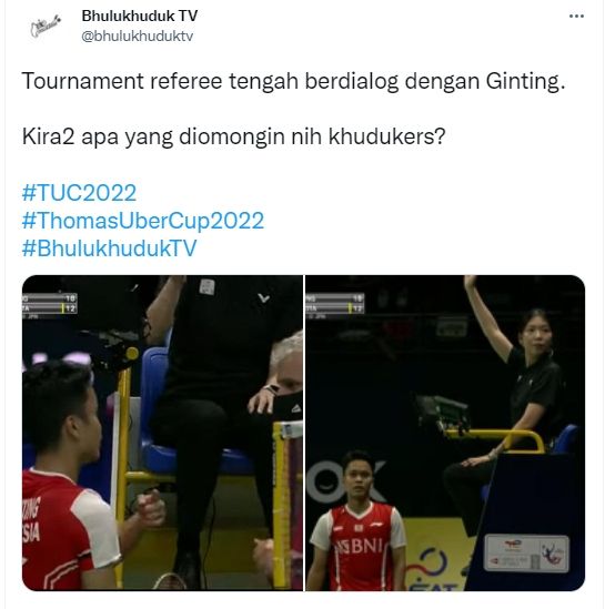 Anthony Ginting sempat salah sangka dengan wasit dan harus minta maaf ke Kento Momota. (@bhulukhuduktv)