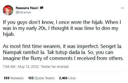 Viral Curhat Wanita Pilih Berhenti Memakai Hijab (twitter.com/nzranasr)