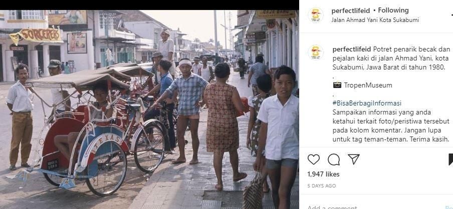 Beredar Foto Jadul Penarik Becak di Tahun 1980, Outfit Sosok Ini Bikin Warganet Penasaran. (Instagram/@perfeclifeid)