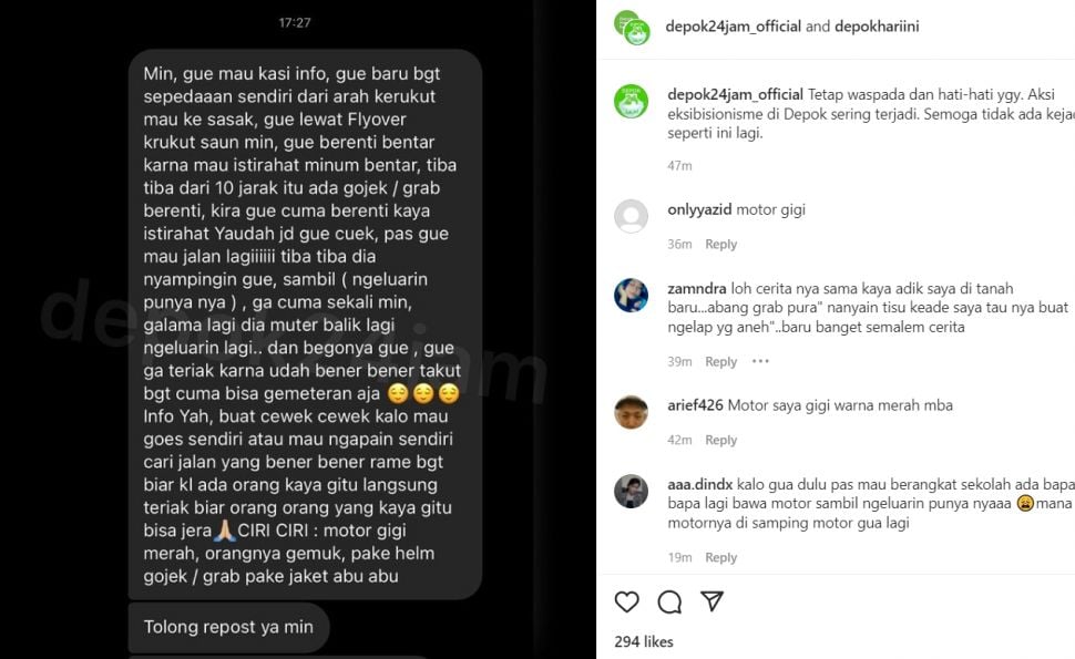 Viral di media sosial Instagram, Selasa (17/5/2022), seorang perempuan menjadi korban pelecehan lelaki eksibisionis di Depok, Jawa Barat. [Instagram]