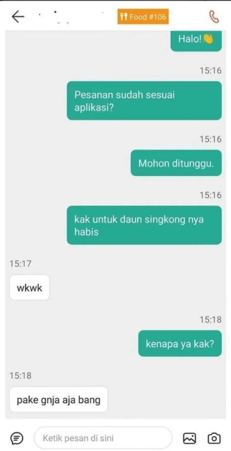 Hasil bidik layar seorang customer meminta ganja sebagai ganti daun singkong kepada driver ojol. [Instagram]